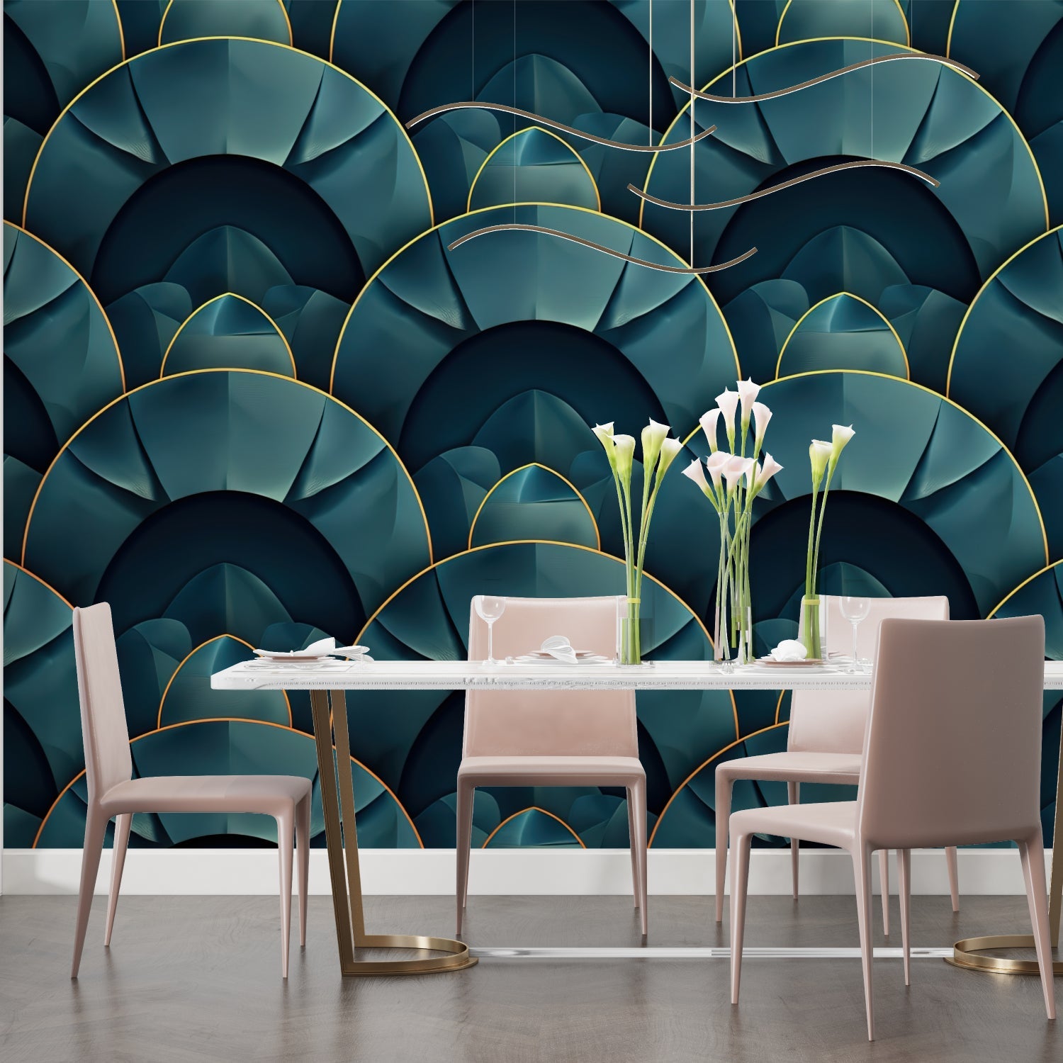 Geometric emerald green wallpaper with gold lines styled in a luxury hotel lobby