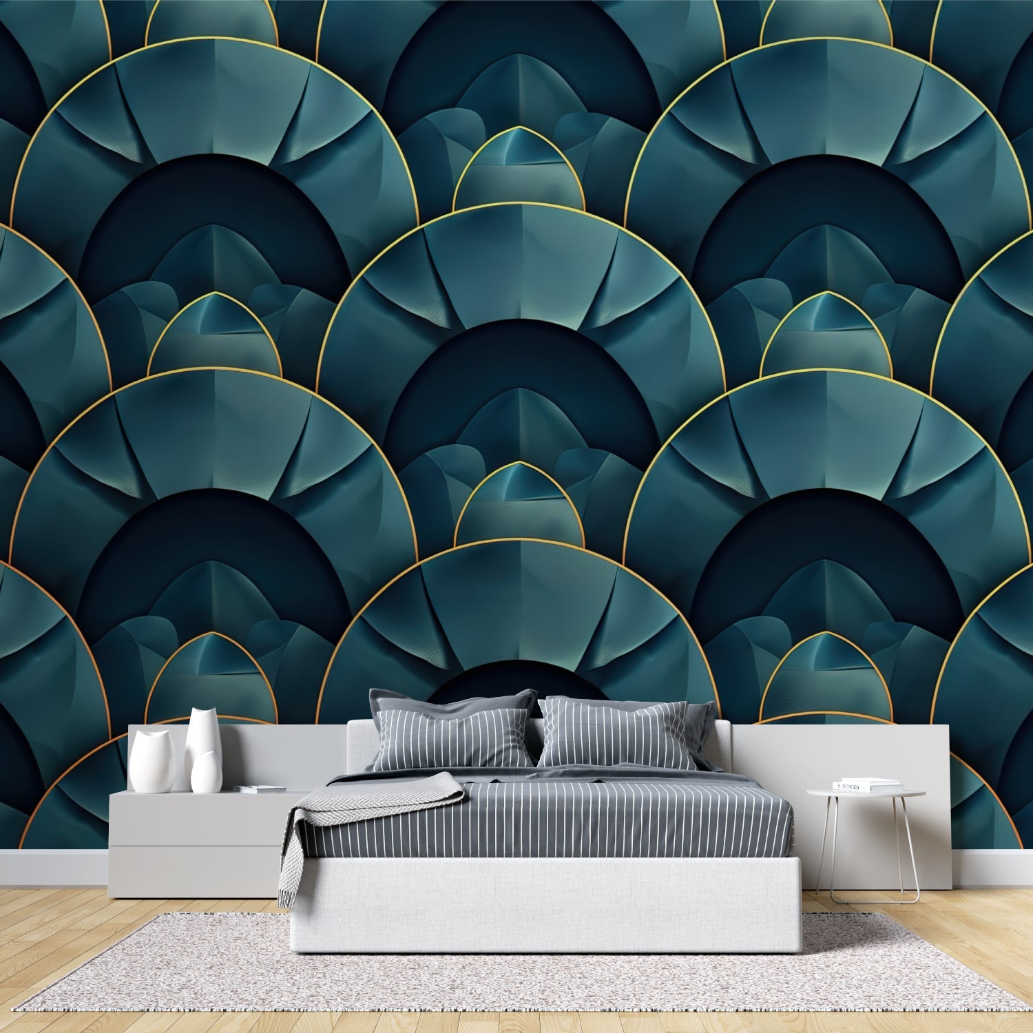 Art deco emerald green wall mural creating depth in a master bedroom setting