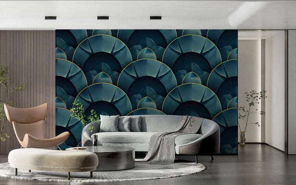Green and gold geometric fan pattern displayed in a contemporary living room