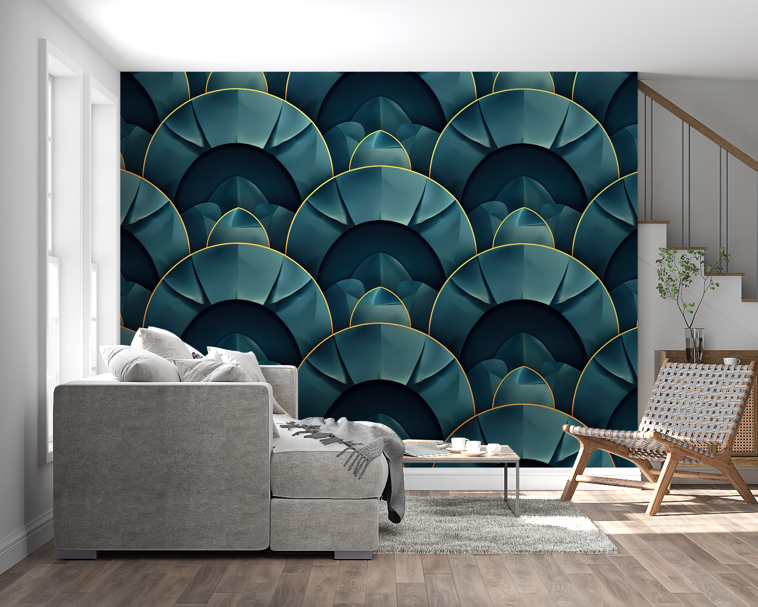 Art deco wallpaper featuring emerald fan design in an upscale restaurant interior