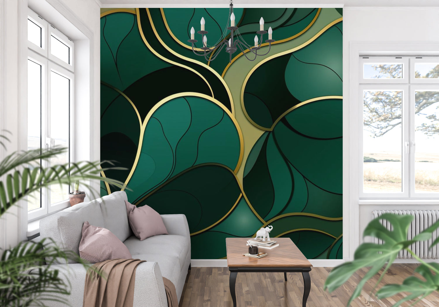 Gold geometric pattern wallpaper in home office with brass accents