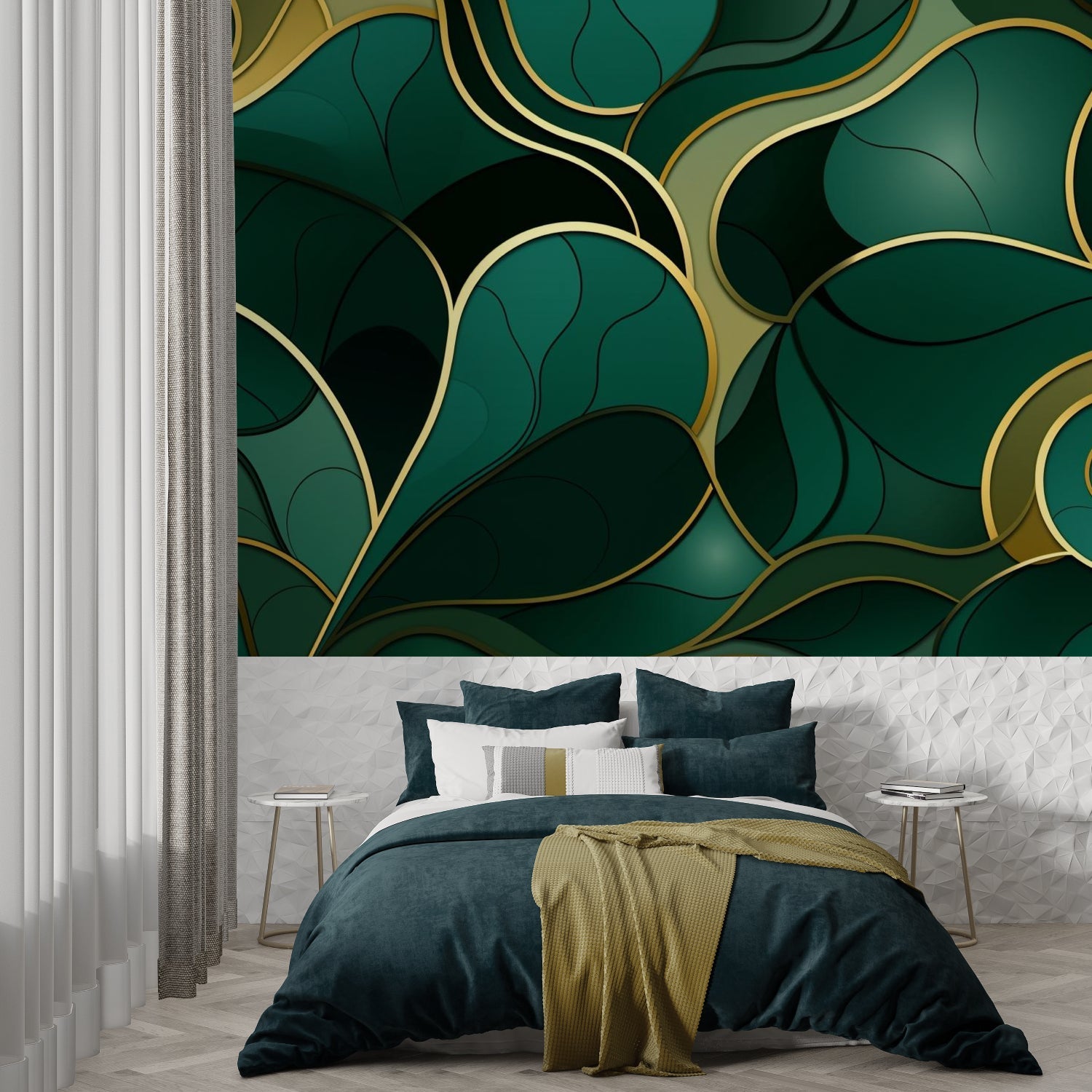 Art deco wallpaper in upscale restaurant with mood lighting