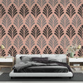 Art deco pink and black fan pattern wallpaper in a modern dining room with crystal chandelier and velvet chairs