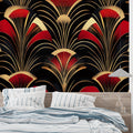 Art Deco fan pattern wallpaper in a luxury dining room, red and gold geometric design creating dramatic ambiance