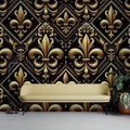 Black and gold Art Deco wallpaper in modern living room setting, showing Fleur de Lis pattern catching evening light