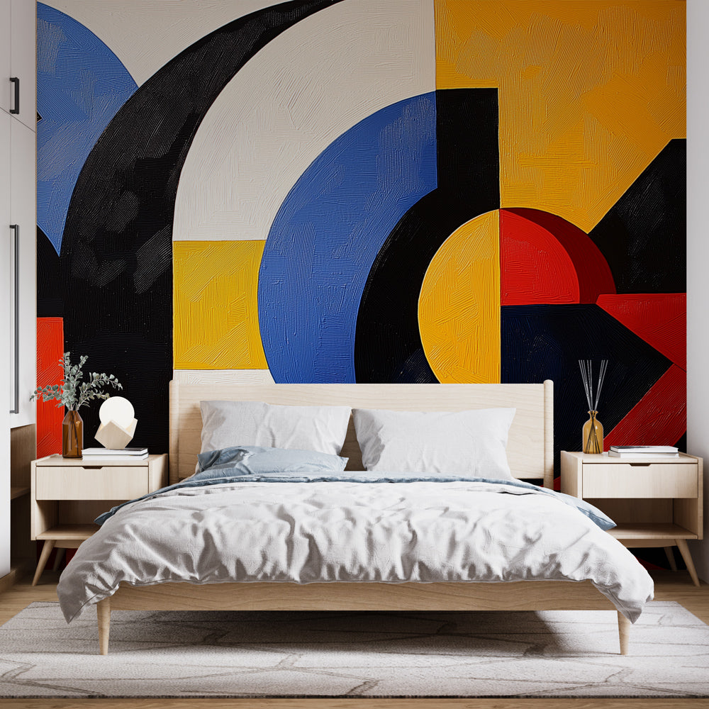 Modern Art Deco geometric wallpaper creating a stunning accent wall in a minimalist living room with contemporary furniture