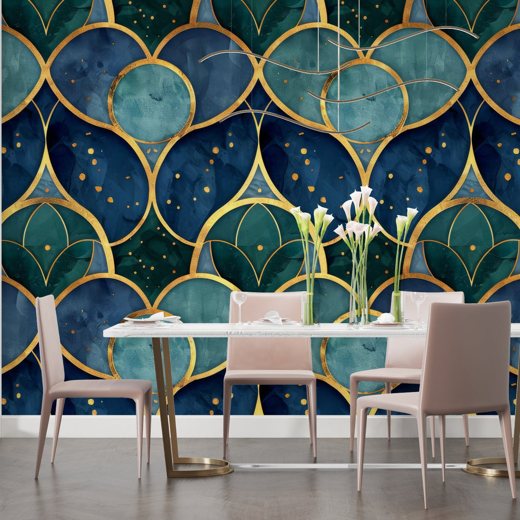 Art deco wallpaper feature wall in hotel lobby entrance