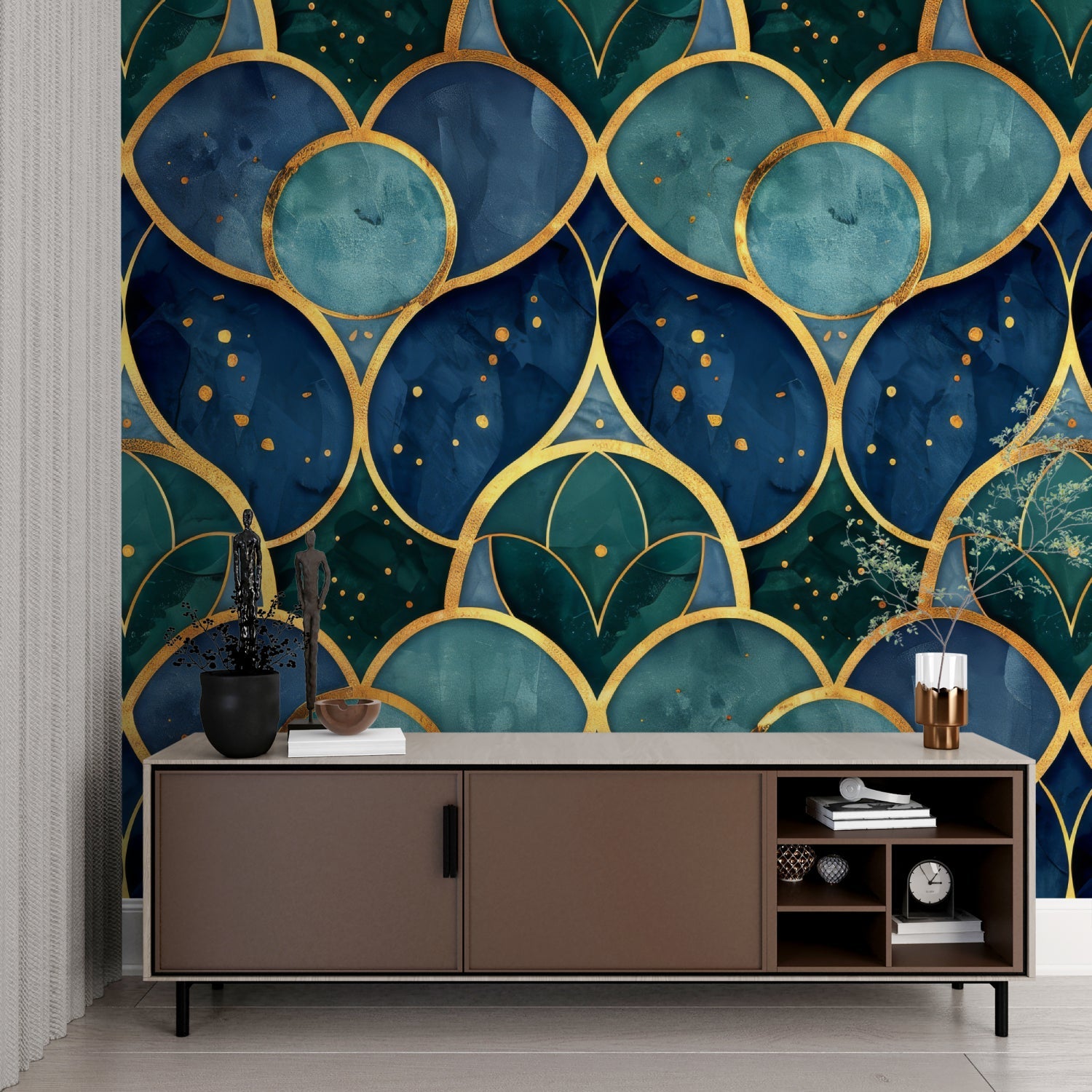 Navy and gold geometric wallpaper making statement in home office