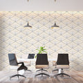 Art deco fan pattern wallpaper in a modern living room, golden geometric design casting soft shadows on grey walls