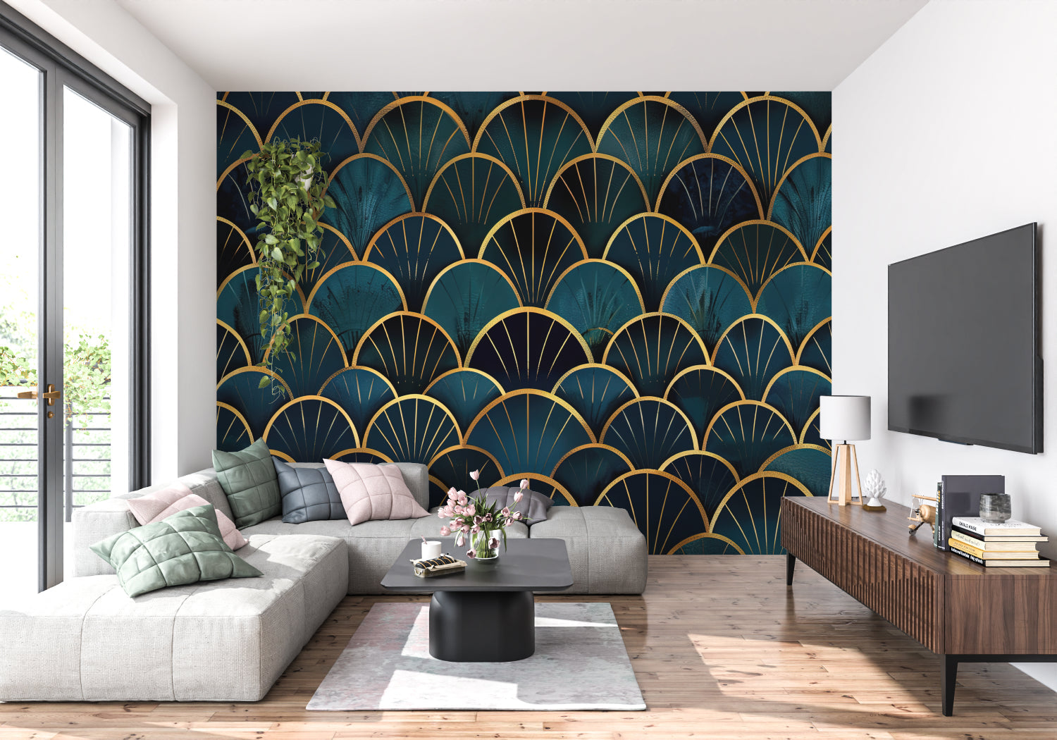 Art deco wall mural adding sophistication to an entrance hallway