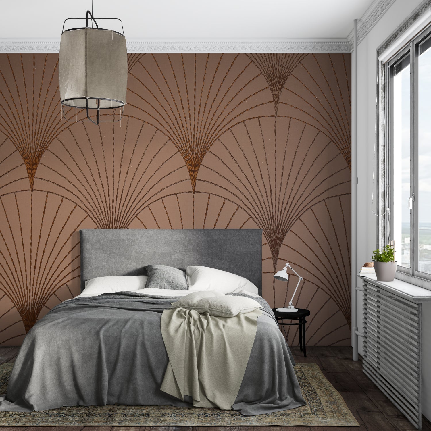 Geometric fan pattern mural adding warmth to a master bedroom with luxurious bedding