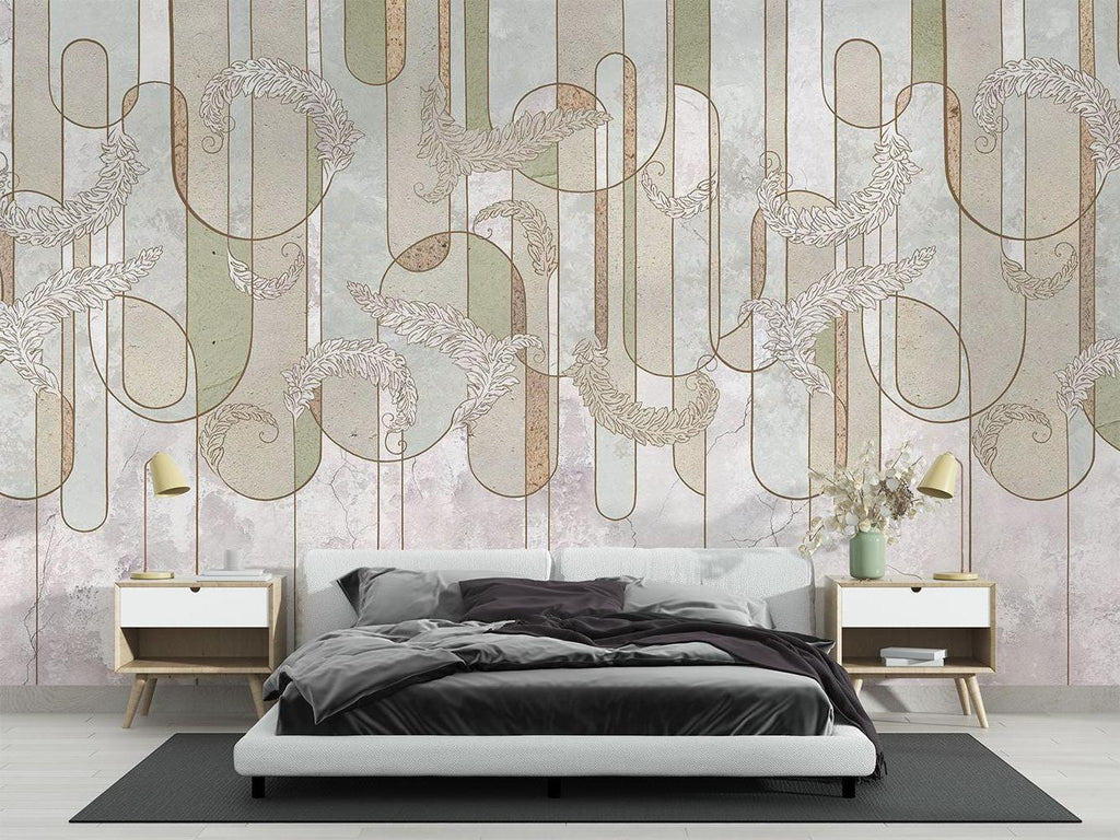 Feather pattern wallpaper adding elegance to a minimalist dining room space