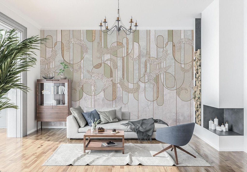Sage green geometric wallpaper creating depth in a home office setting