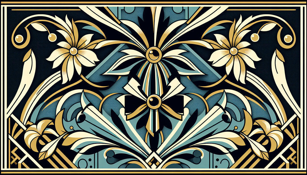 Art Deco geometric floral pattern design file showing intricate gold details on navy background