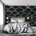 Art deco gold arch wallpaper in modern dining room with crystal chandelier