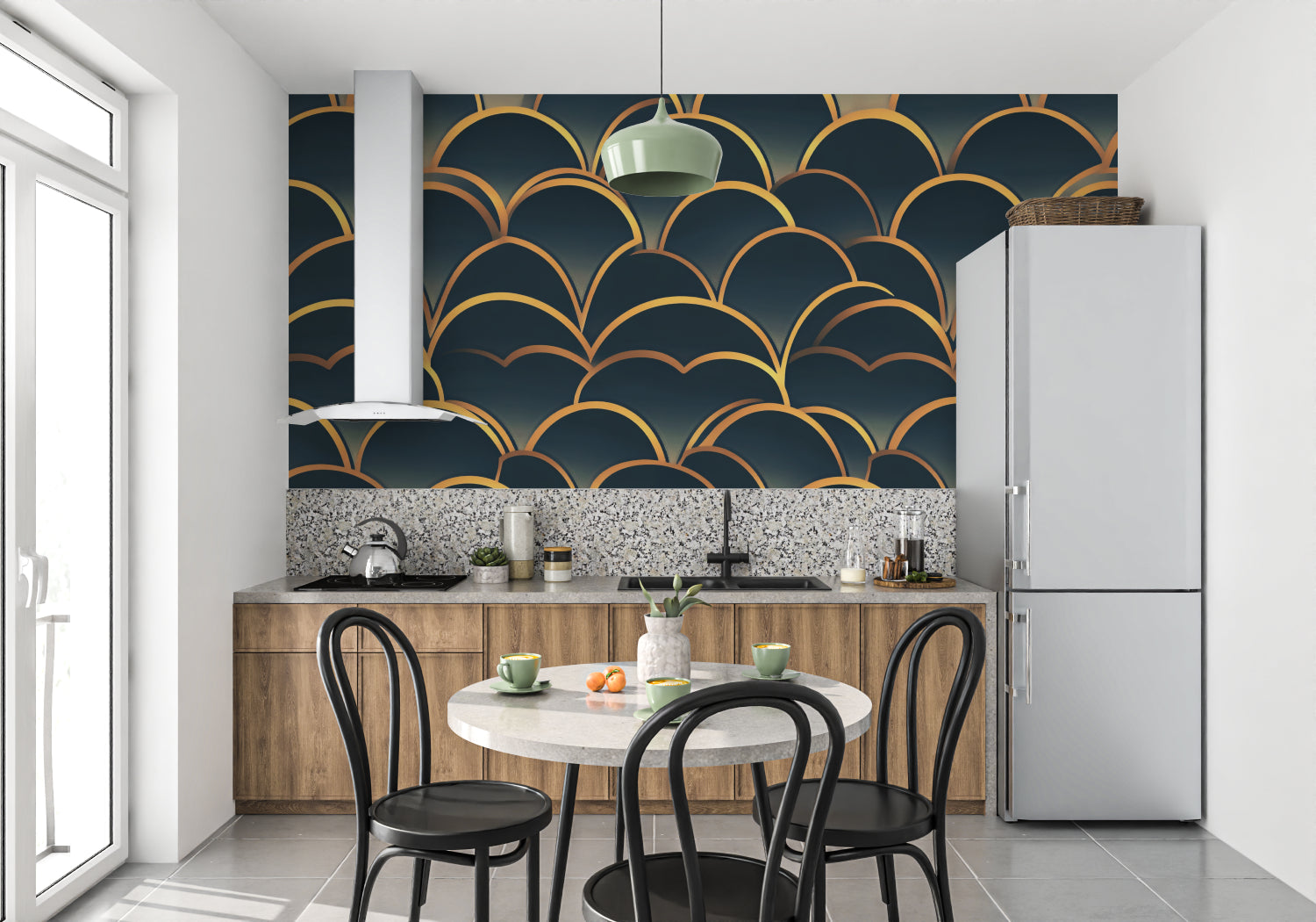 Art deco wall mural in hotel lobby with gold accents