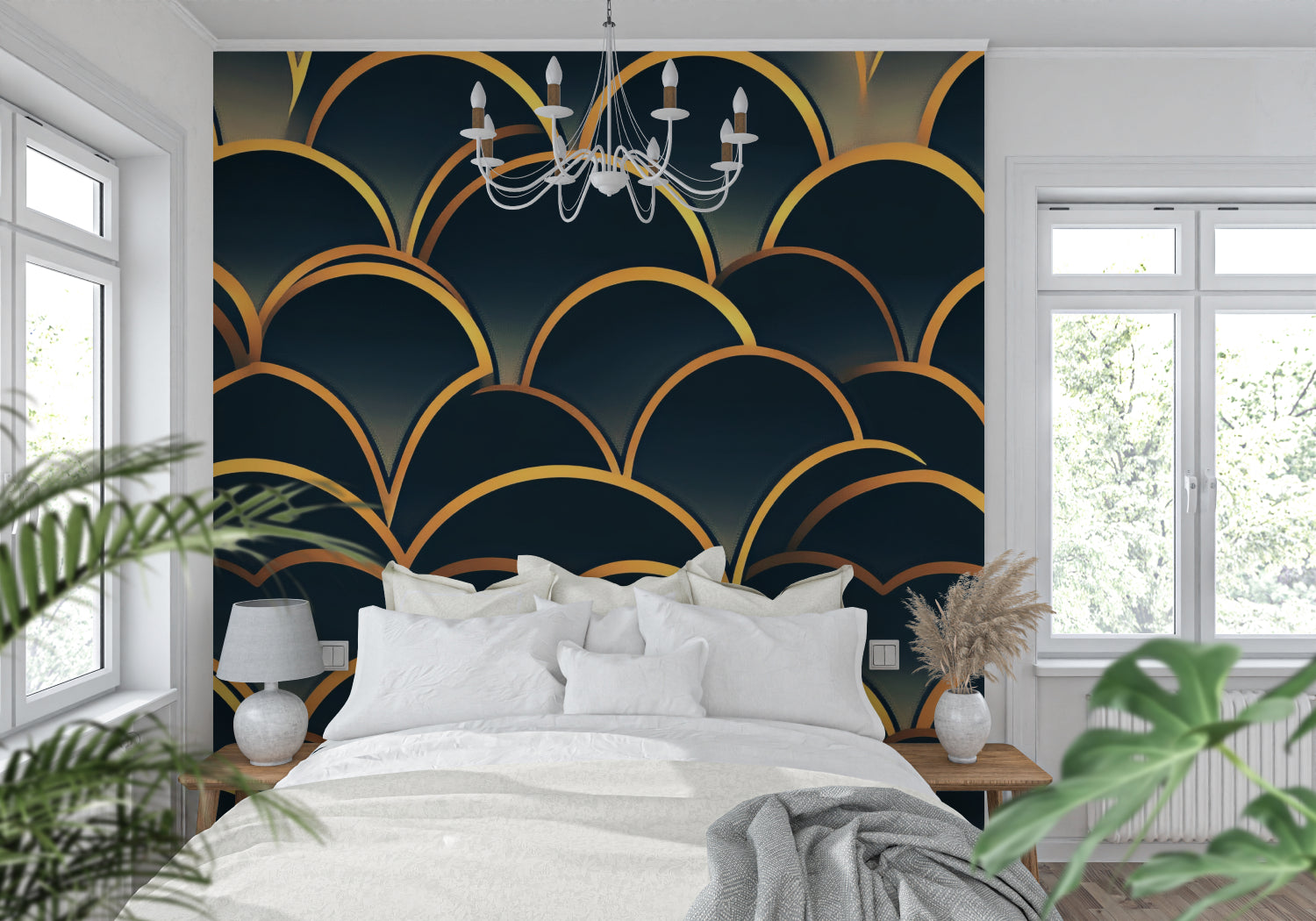 Geometric gold arch pattern in home office with modern furniture