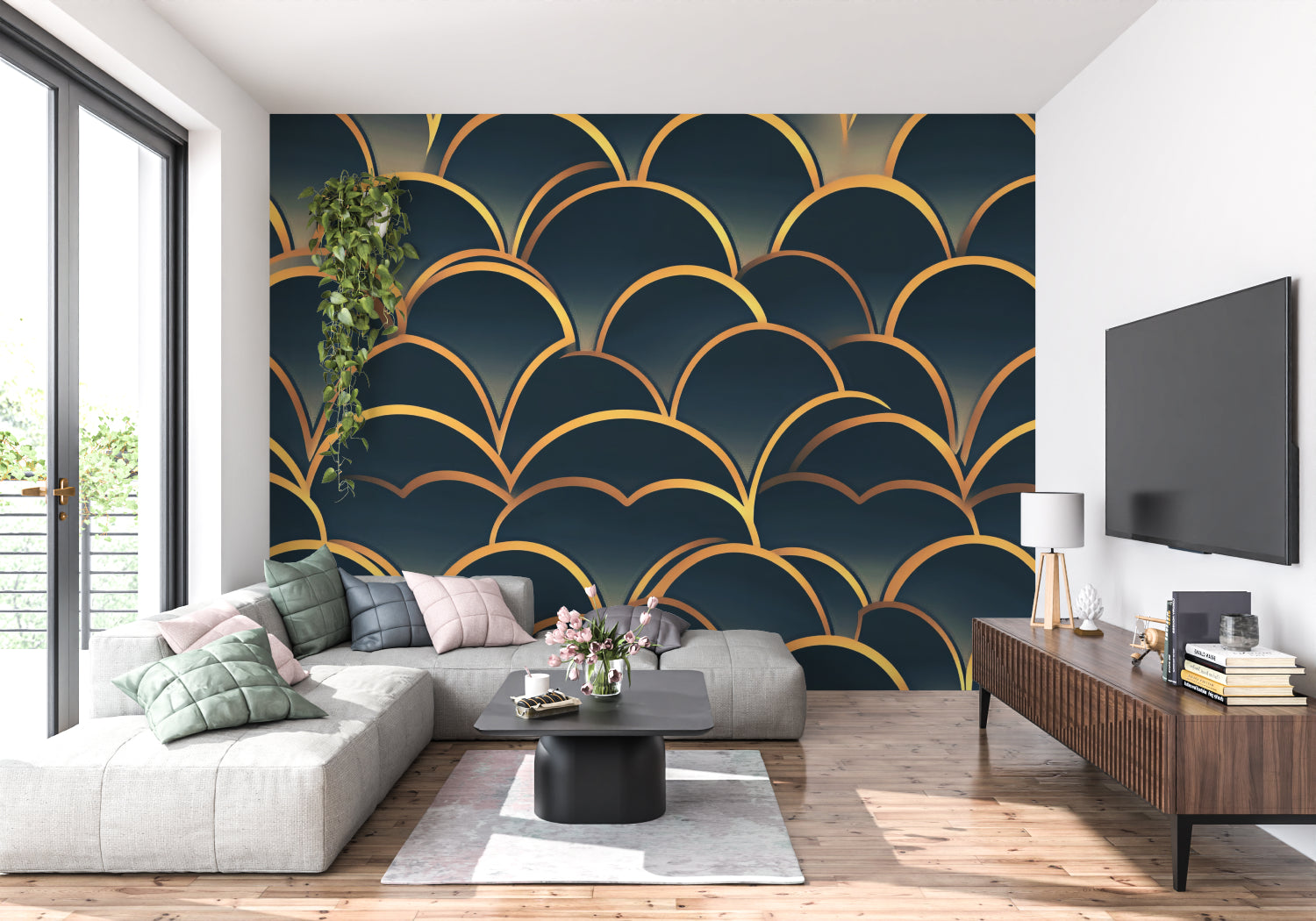Navy and gold art deco wallpaper in powder room with brass fixtures