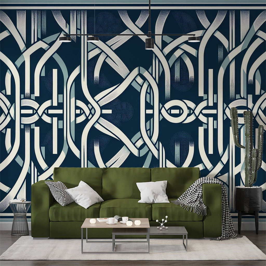 Art deco geometric wallpaper in navy bringing modern elegance to a luxury dining room with crystal chandelier