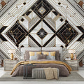 Art deco marble wallpaper with gold accents creating luxury atmosphere in modern living room with tall windows