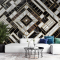 Luxury Art Deco marble and gold geometric wallpaper creating dramatic impact in modern living room setting