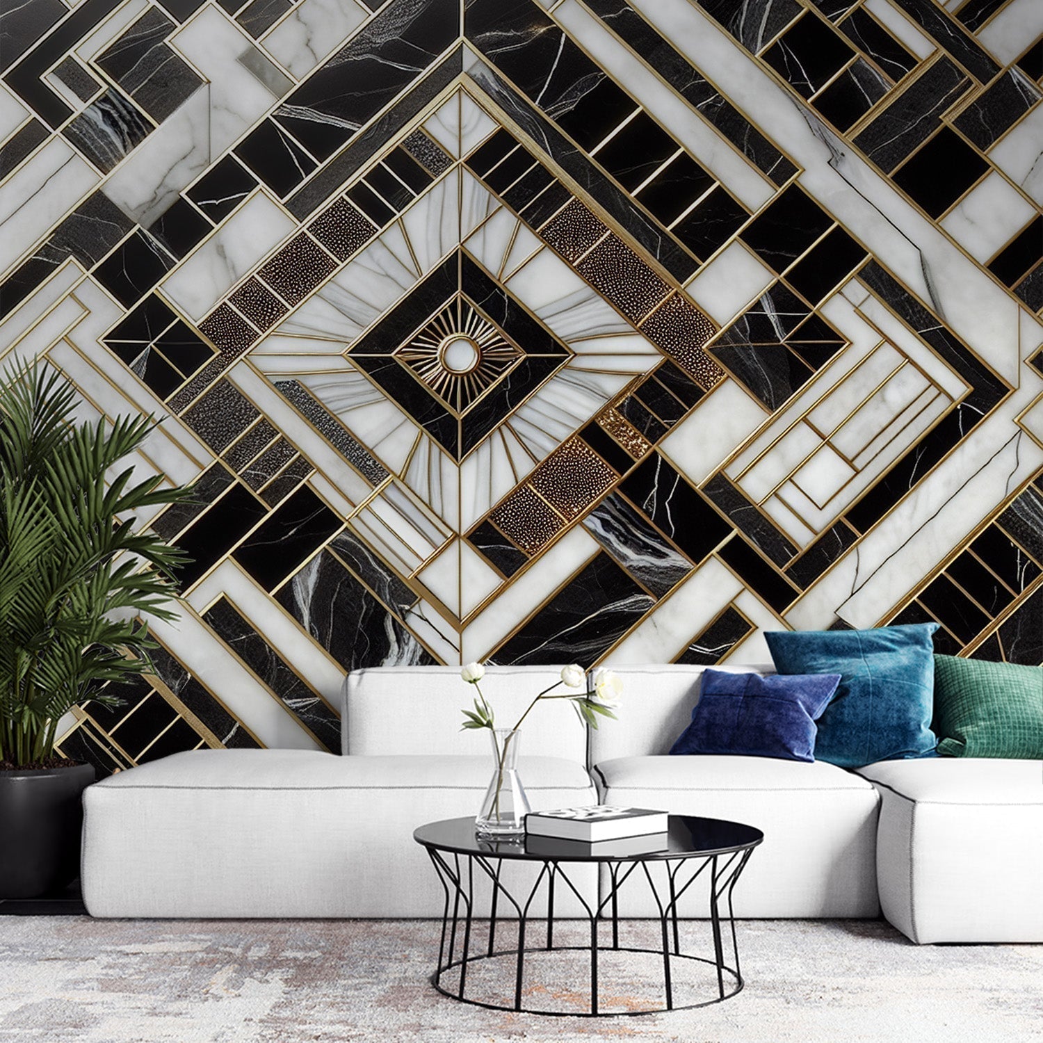Luxury Art Deco marble and gold geometric wallpaper creating dramatic impact in modern living room setting