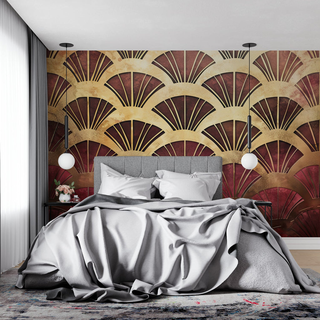 Master bedroom feature wall with art deco fan pattern in rich burgundy and metallic gold