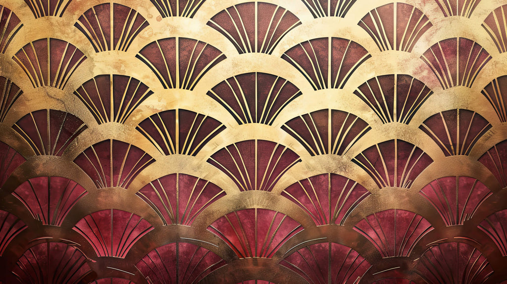 Art deco wallpaper design file showing detailed gold and burgundy fan pattern