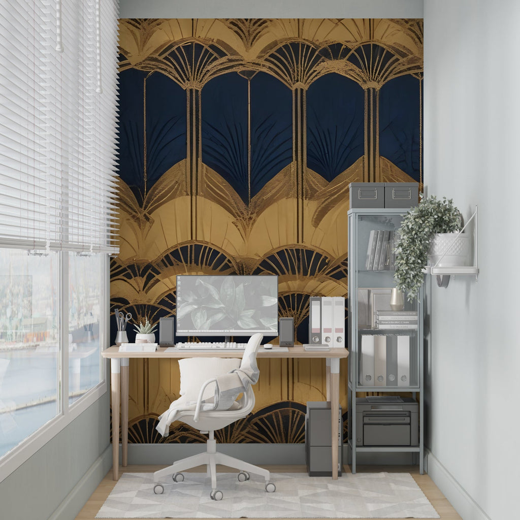 Gold geometric fan pattern wallpaper in luxury hotel-style bedroom