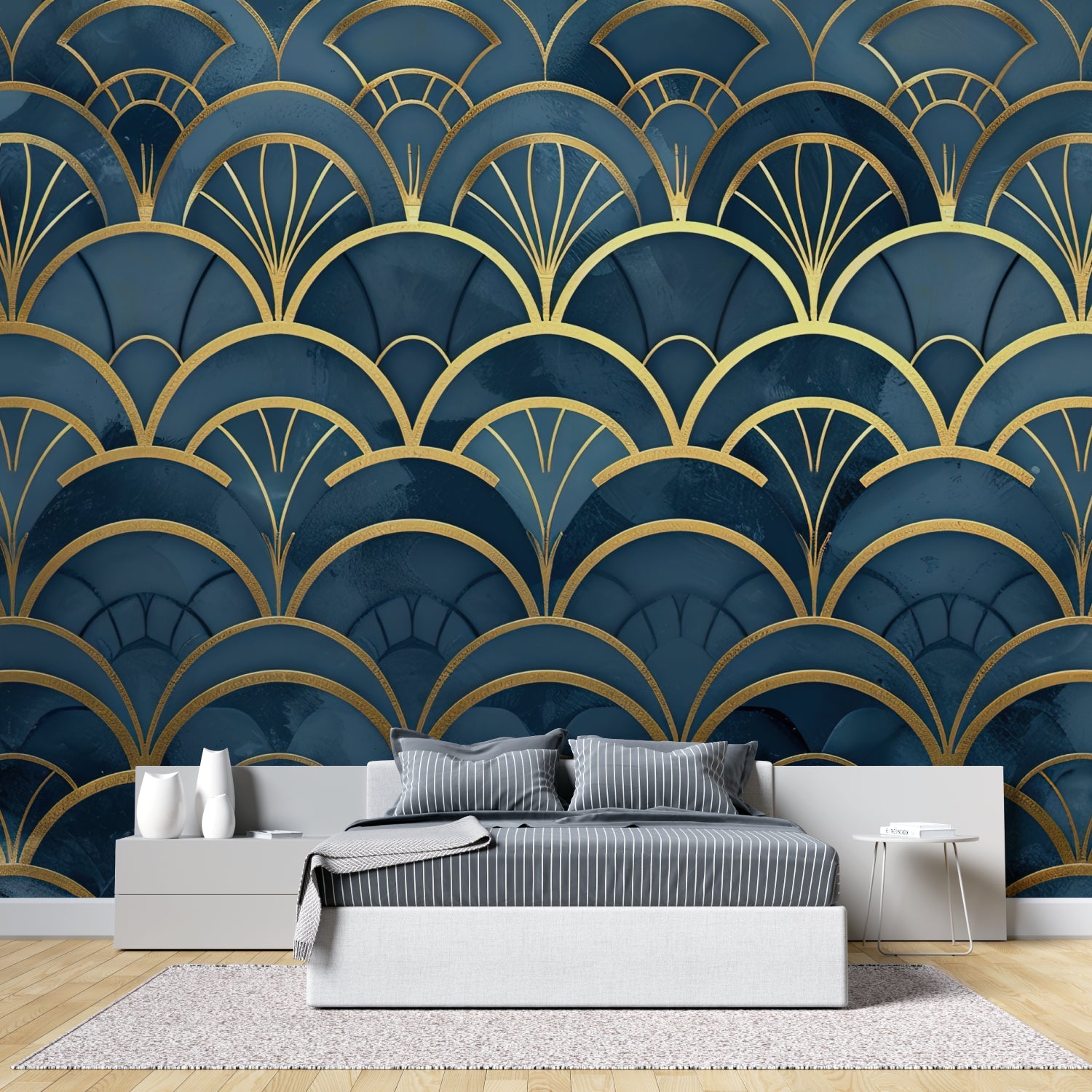 Master bedroom with blue and gold art deco fan wallpaper creating elegant atmosphere