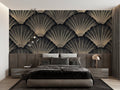 Art deco fan pattern wallpaper in modern grey dining room with golden accents