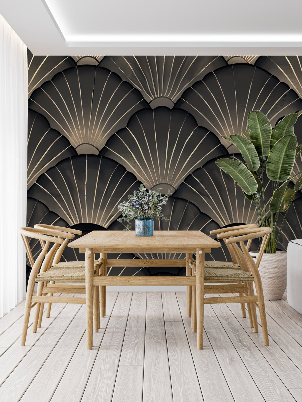 Gold geometric art deco wallpaper in luxury master bedroom setting