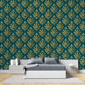 Art deco fan wallpaper in modern dining room, gold and teal geometric pattern adding luxury feel