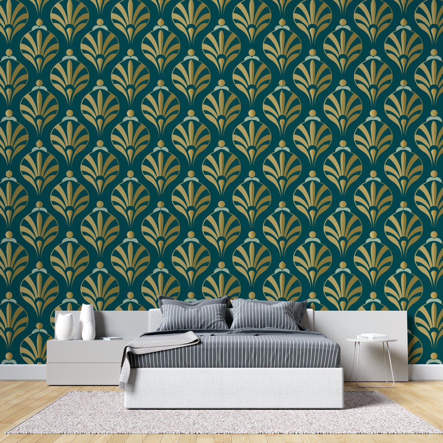 Art deco fan wallpaper in modern dining room, gold and teal geometric pattern adding luxury feel