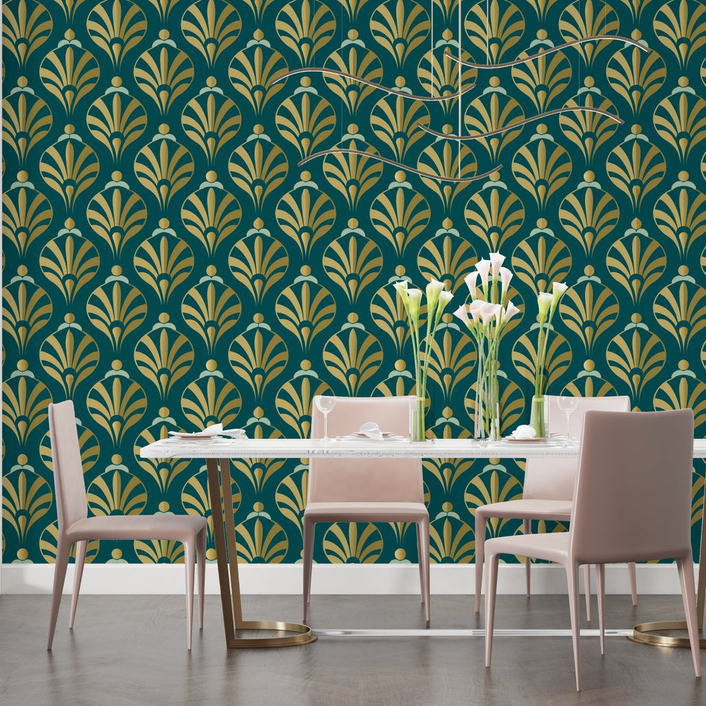 Gold geometric fan pattern wallpaper in hotel lobby showing scale and impact