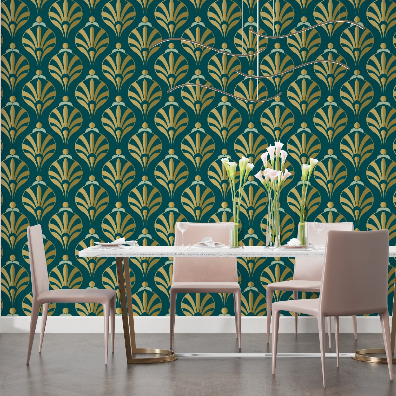 Gold geometric fan pattern wallpaper in hotel lobby showing scale and impact