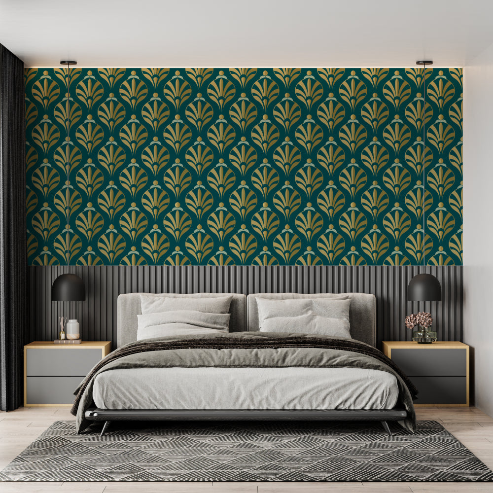 Vintage-inspired fan pattern in living room showing full wall application