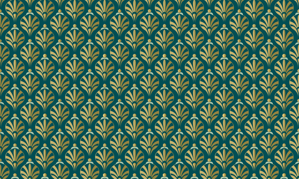 Art deco wallpaper design file showing detailed gold fan pattern on teal background