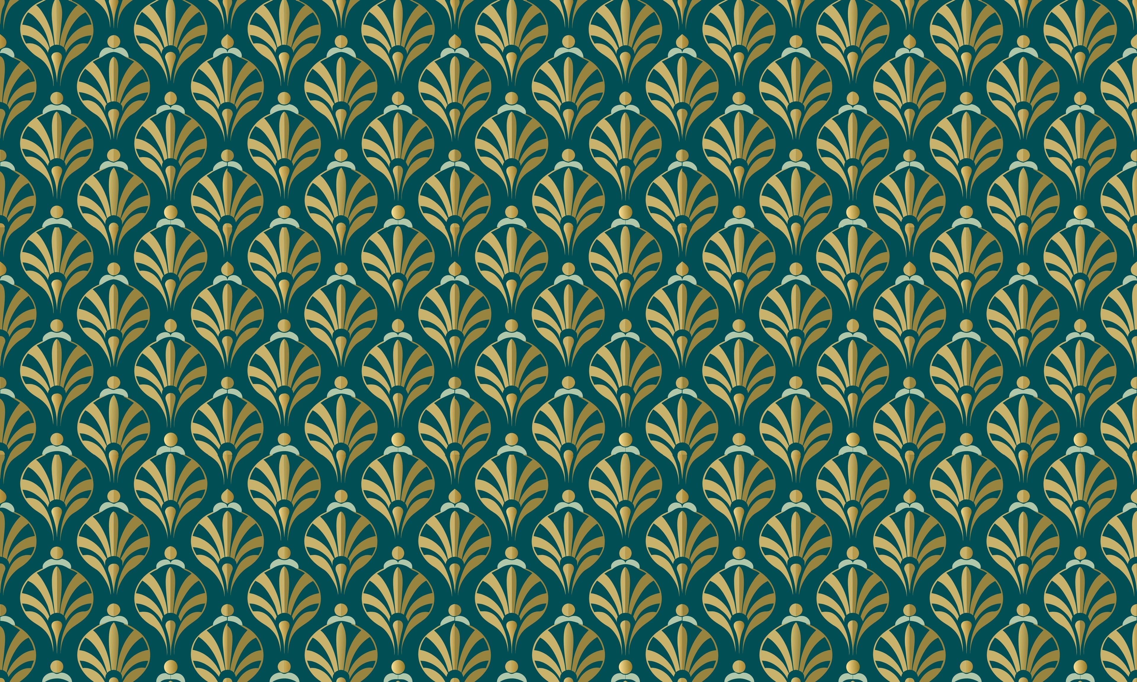 Art deco wallpaper design file showing detailed gold fan pattern on teal background