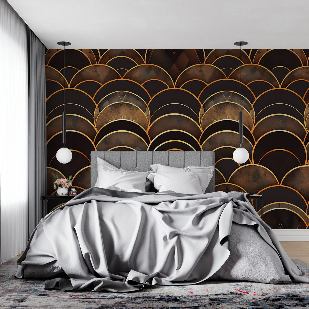 Art Deco pattern wallpaper creating depth in a luxury home office space