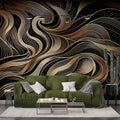 Art deco gold wave wallpaper mural creating dramatic effect in modern dining room with black furniture and pendant lights
