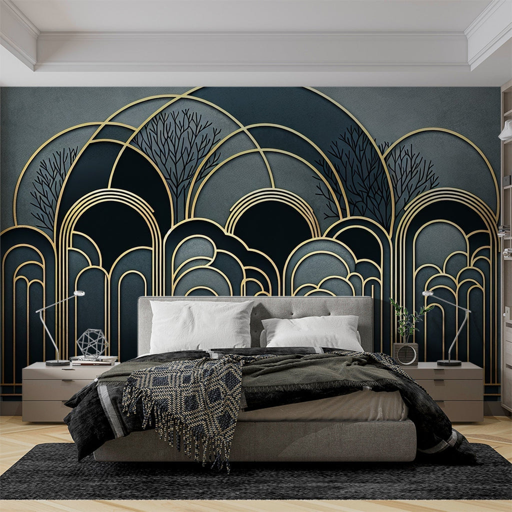 Art deco forest wallpaper creating an elegant statement wall in a modern dining room with gold accents and soft lighting