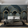 Art deco forest wallpaper creating an elegant statement wall in a modern dining room with gold accents and soft lighting