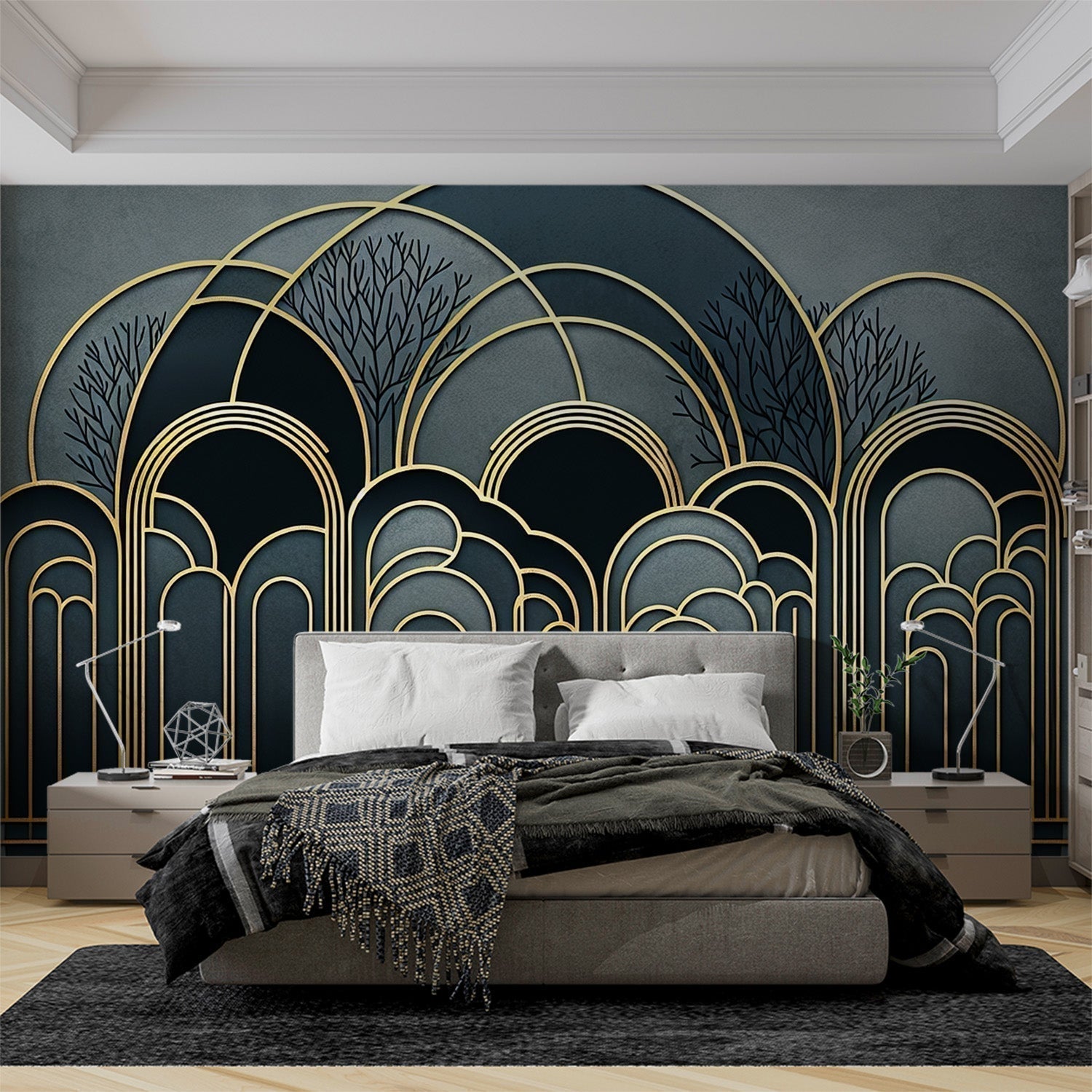 Art deco forest wallpaper creating an elegant statement wall in a modern dining room with gold accents and soft lighting