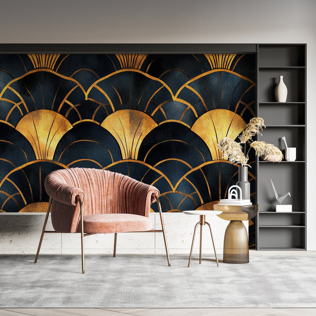 Elegant dining room featuring art deco gold fan pattern wallpaper with mood lighting