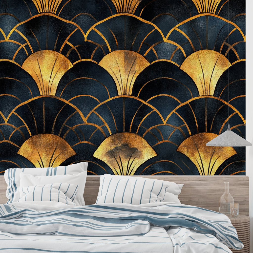 Master bedroom with geometric navy and gold art deco wallpaper creating sophisticated ambiance
