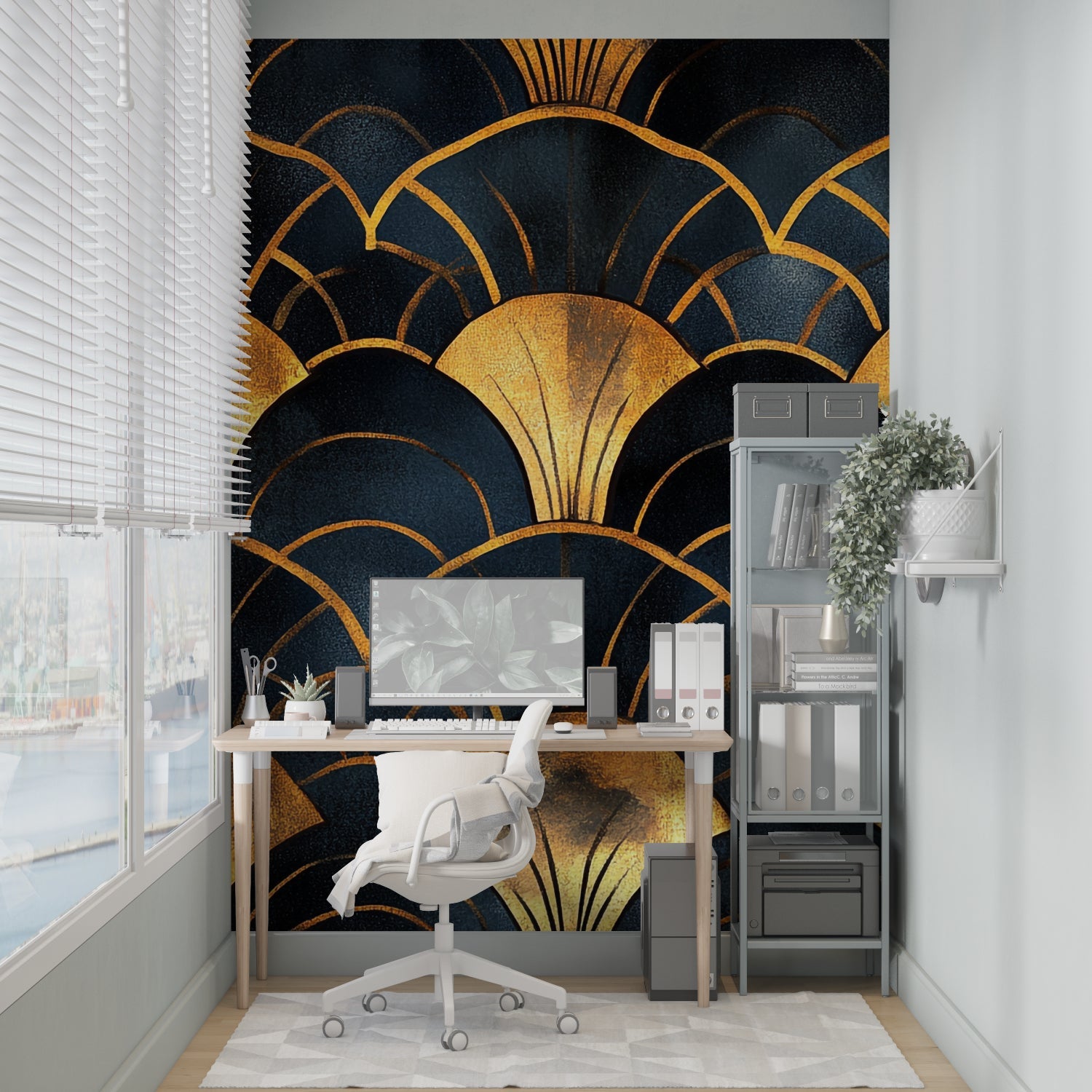Hotel lobby showcasing art deco fan wallpaper with dramatic lighting effects