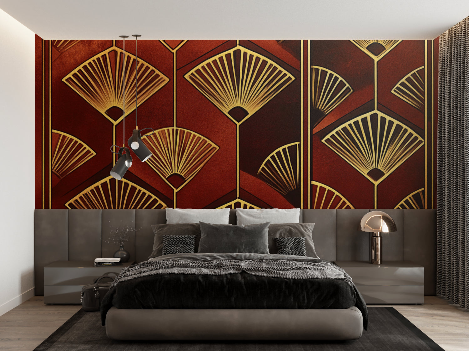 Geometric fan pattern adding drama to boutique fitting room walls