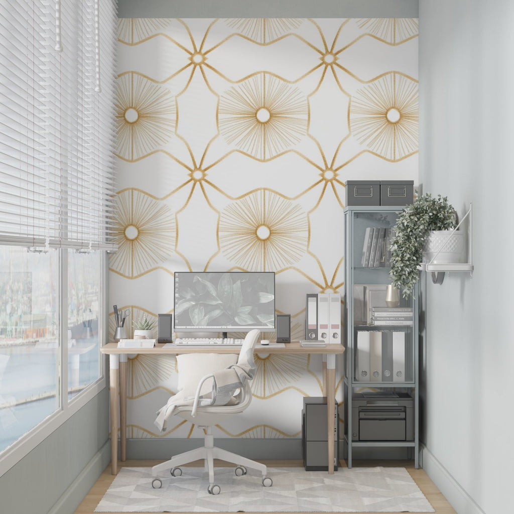 Art deco wallpaper bringing luxury feel to master bedroom with white and gold decor