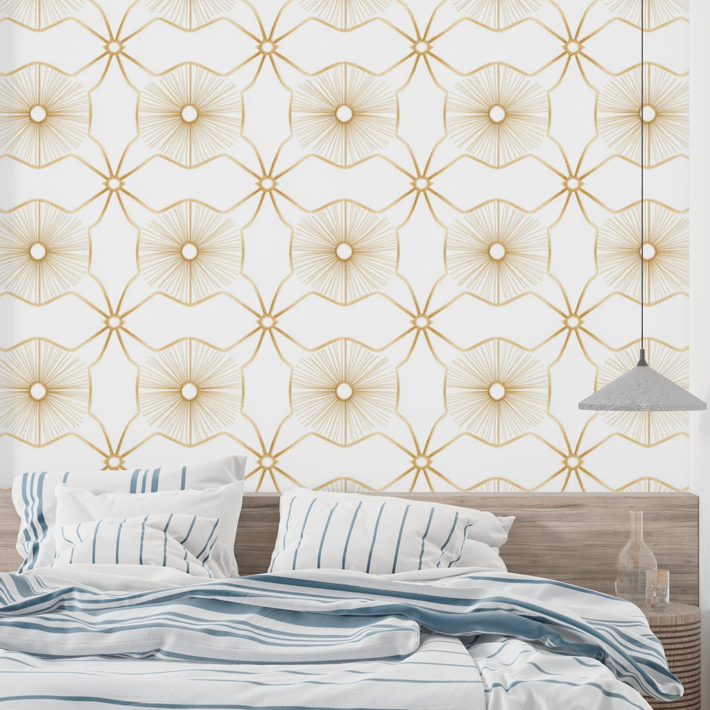 Geometric gold pattern wallpaper making statement in hotel lobby entrance